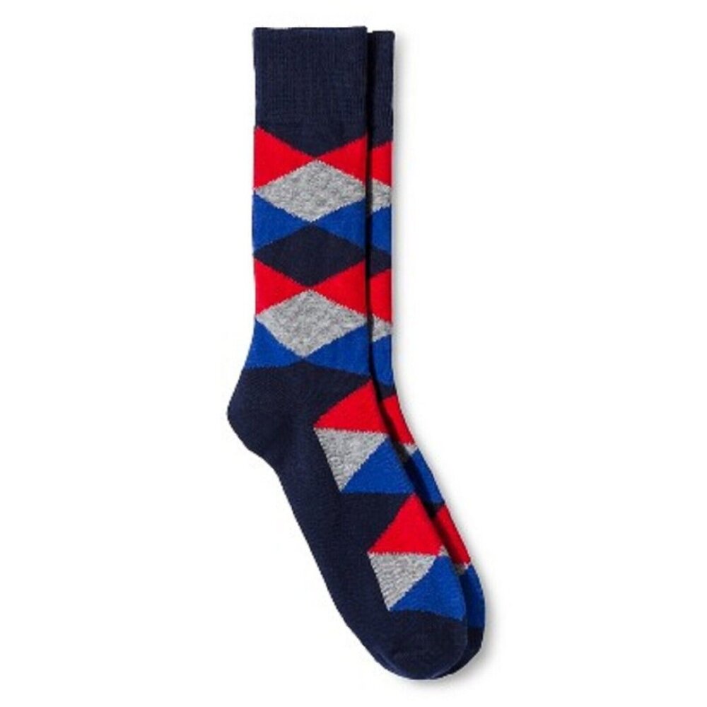 Merona Size 6-12 Crew Socks Mens Geometric Pattern Red Blue Gray NEW